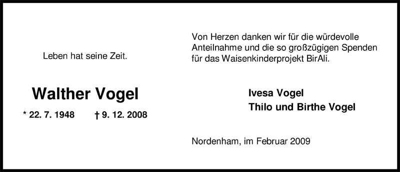  Traueranzeige für Walther Vogel vom 07.02.2009 aus Nordwest-Zeitung