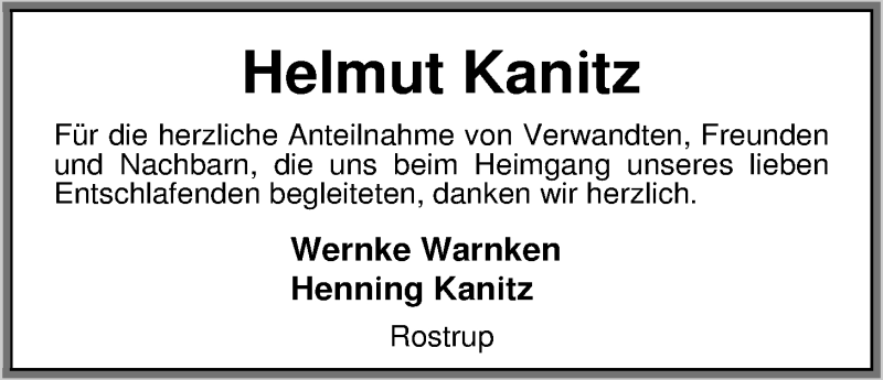  Traueranzeige für Helmut Kanitz vom 06.06.2015 aus Nordwest-Zeitung