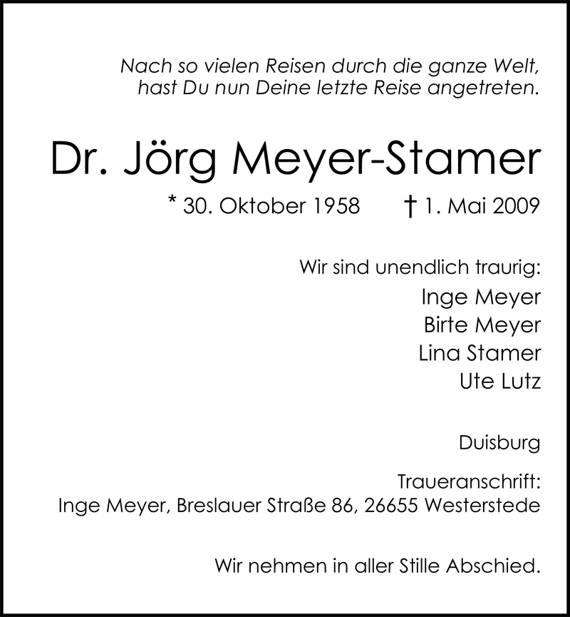  Traueranzeige für Jörg Meyer-Stamer vom 06.05.2009 aus Nordwest-Zeitung