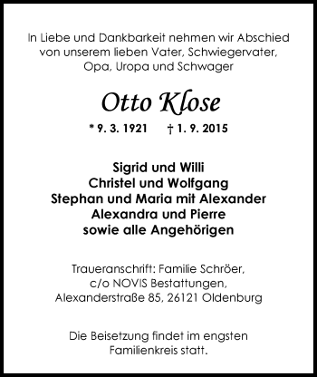 Traueranzeige von Otto Klose von Nordwest-Zeitung