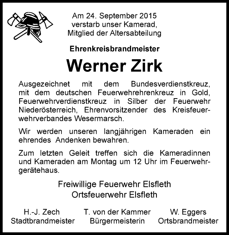  Traueranzeige für Werner Zirk vom 26.09.2015 aus Nordwest-Zeitung