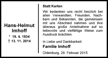 Traueranzeige von Hans-Helmut Imhoff von Nordwest-Zeitung