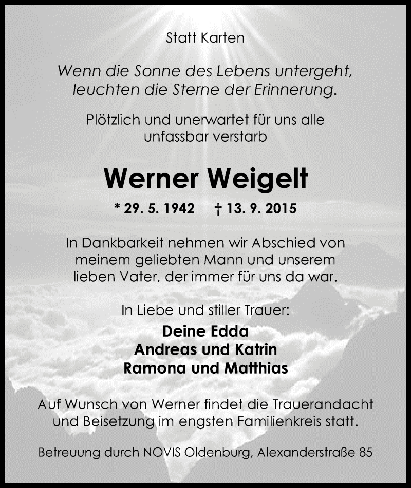  Traueranzeige für Werner Weigelt vom 18.09.2015 aus Nordwest-Zeitung