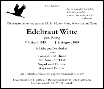 Traueranzeige von Edeltraut Witte von Nordwest-Zeitung