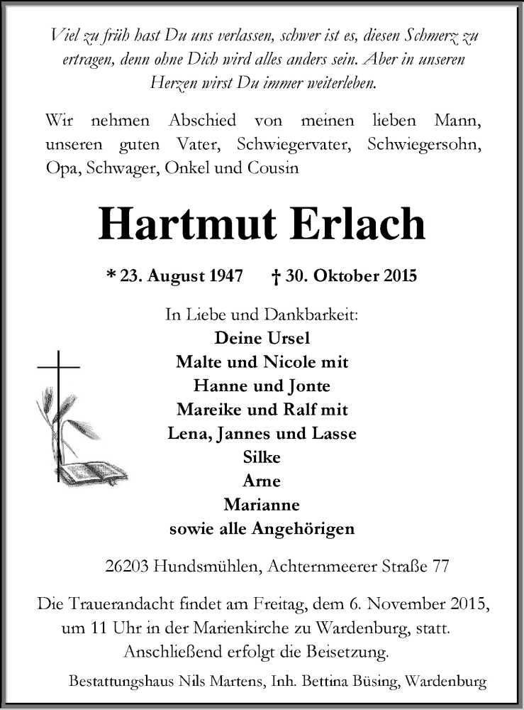  Traueranzeige für Hartmut Erlach vom 03.11.2015 aus Nordwest-Zeitung