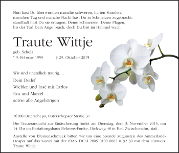 Traueranzeige von Traute Wittje von Nordwest-Zeitung