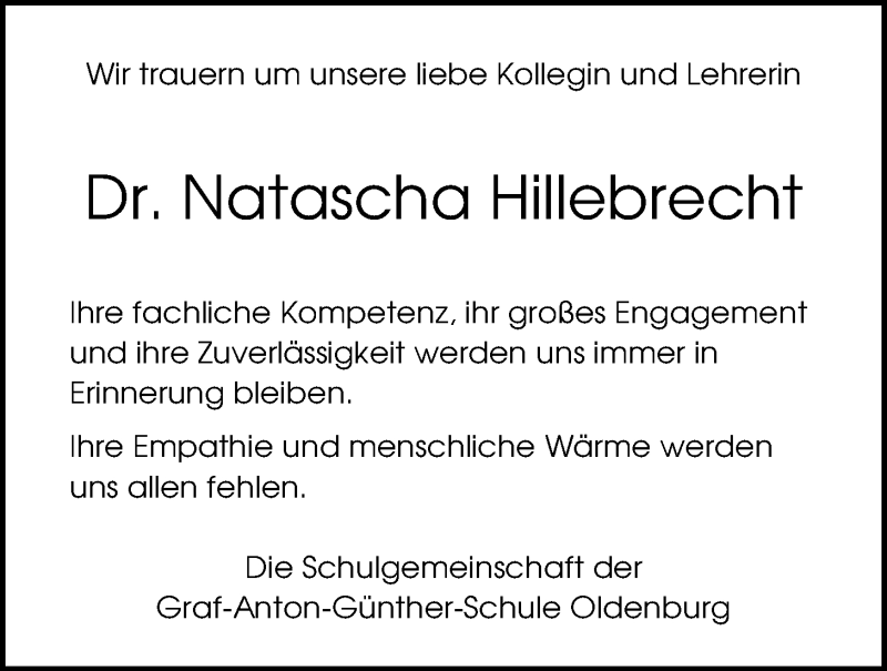  Traueranzeige für Natascha Hillebrecht vom 02.05.2015 aus Nordwest-Zeitung