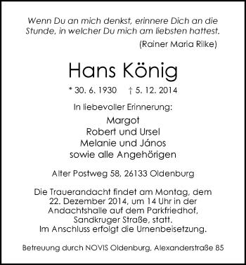 Traueranzeige von Hans König von Nordwest-Zeitung