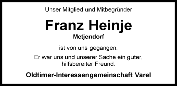 Traueranzeige von Franz Heinje von Nordwest-Zeitung