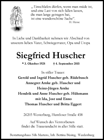 Traueranzeige von Siegfried Huscher von Nordwest-Zeitung