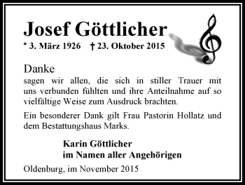 Traueranzeige von Josef Göttlicher von Nordwest-Zeitung
