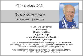 Traueranzeige von Willi Baumann von Nordwest-Zeitung