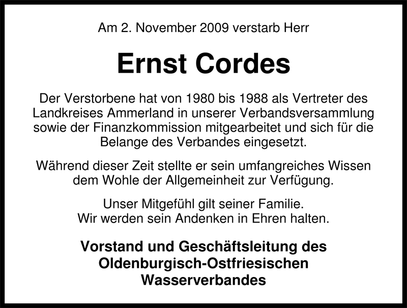  Traueranzeige für Ernst Cordes vom 14.11.2009 aus Nordwest-Zeitung