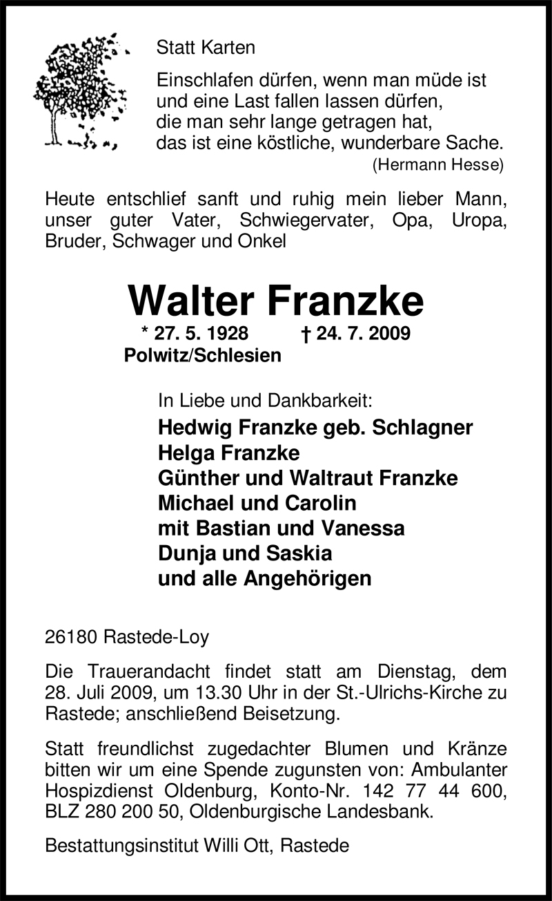  Traueranzeige für Walter Franzke vom 25.07.2009 aus Nordwest-Zeitung