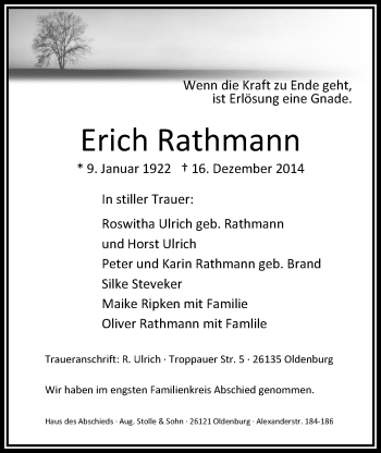 Traueranzeige von Erich Rathmann von Nordwest-Zeitung
