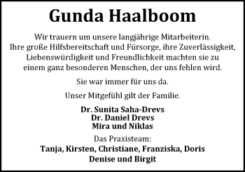 Traueranzeige von Gunda Haalboom von Nordwest-Zeitung