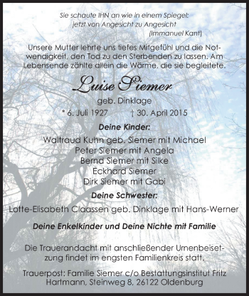 Traueranzeige von Luise Siemer von Nordwest-Zeitung