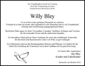 Traueranzeige von Willy Bley von Nordwest-Zeitung