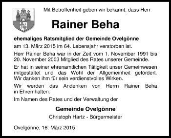 Traueranzeige von Rainer Beha von Nordwest-Zeitung
