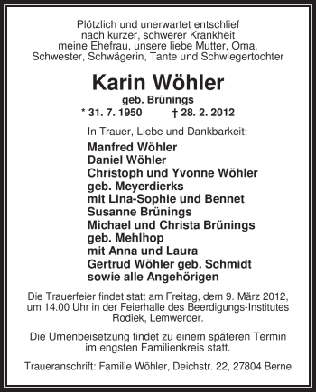 Traueranzeige von Karin Wöhler von Nordwest Zeitung