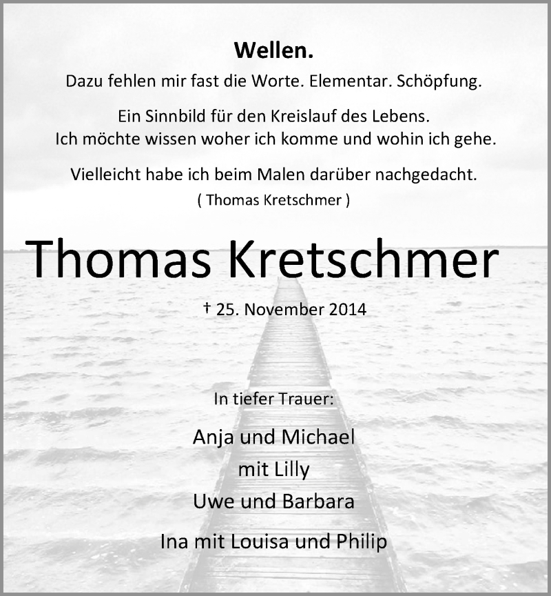  Traueranzeige für Thomas Kretschmer vom 29.11.2014 aus Nordwest Zeitung