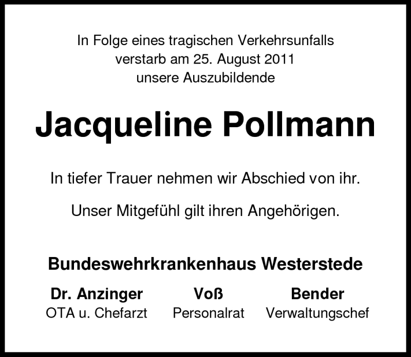  Traueranzeige für Jacqueline Pollmann vom 27.08.2011 aus Nordwest Zeitung
