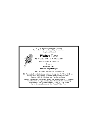 Traueranzeige von Walter Post von Nordwest-Zeitung