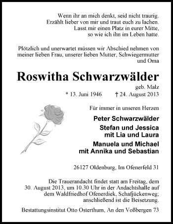 Traueranzeige von Roswitha Schwarzwälder von Nordwest Zeitung