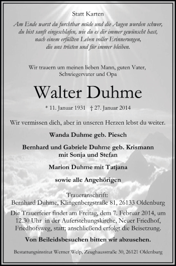 Traueranzeige von Walter Duhme von Nordwest Zeitung