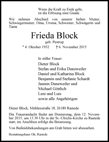 Traueranzeige von Frieda Block von Nordwest-Zeitung