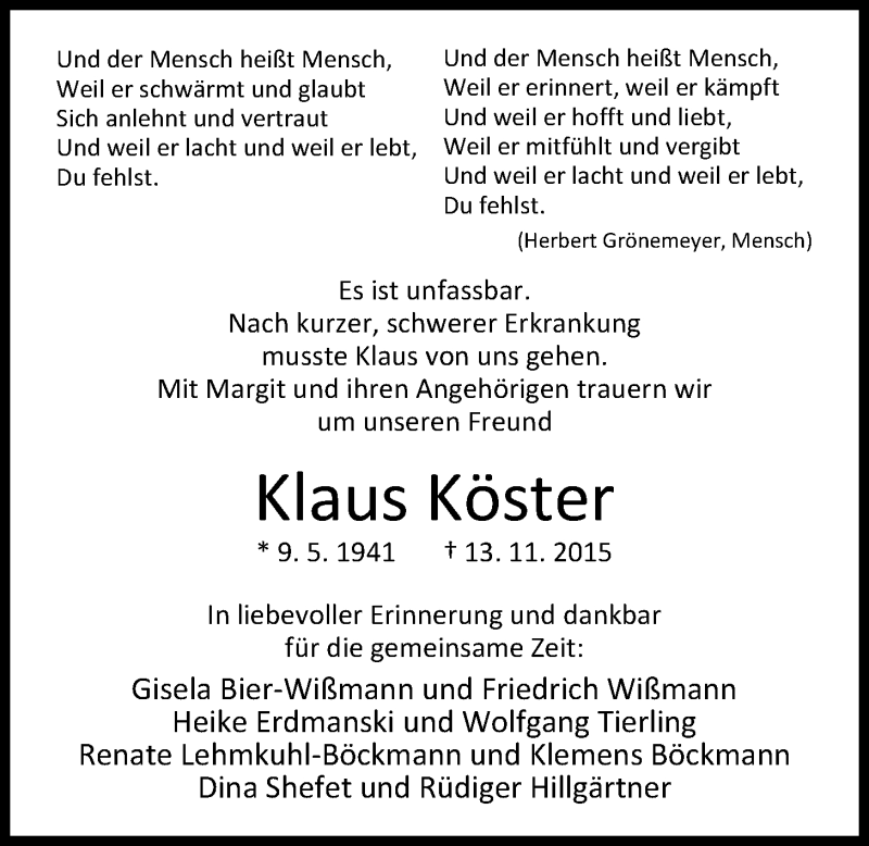  Traueranzeige für Klaus Köster vom 20.11.2015 aus Nordwest-Zeitung