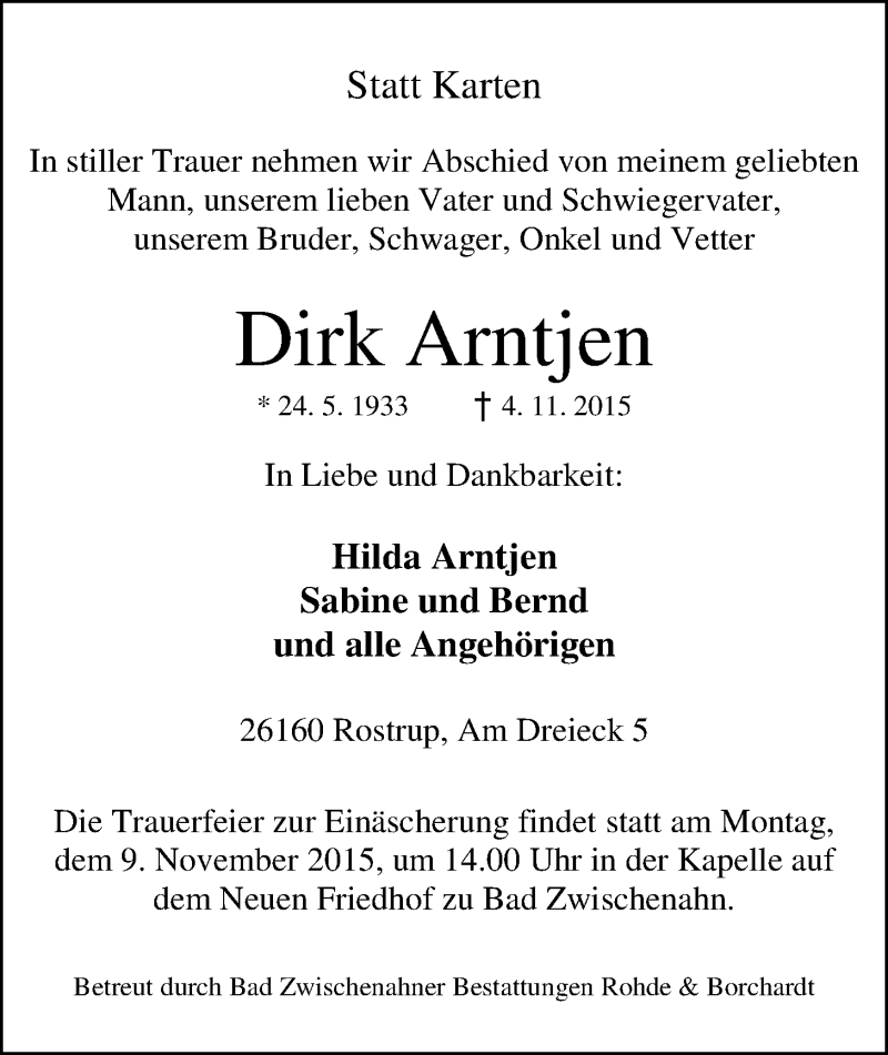 Traueranzeige für Dirk Arntjen vom 06.11.2015 aus Nordwest-Zeitung