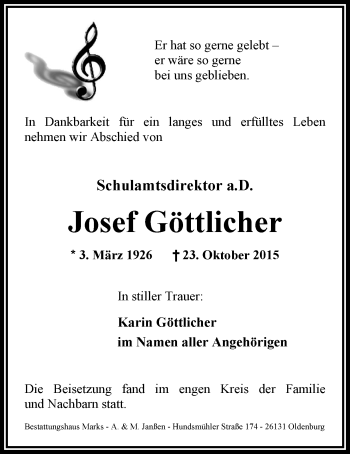 Traueranzeige von Josef Göttlicher von Nordwest-Zeitung