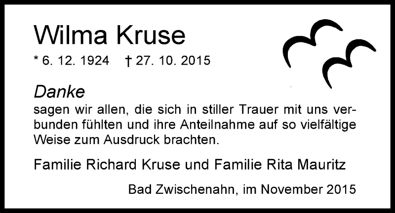  Traueranzeige für Wilma Kruse vom 27.11.2015 aus Nordwest-Zeitung