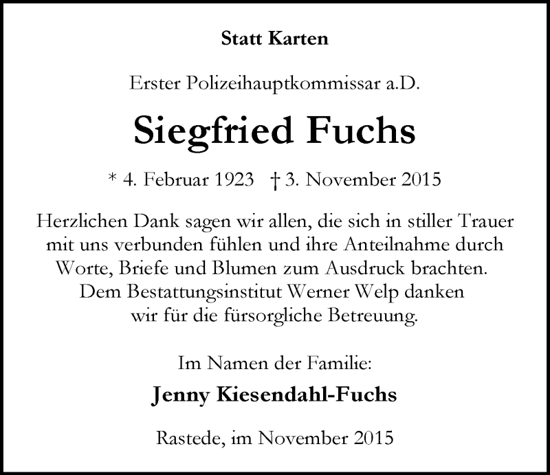  Traueranzeige für Siegfried Fuchs vom 13.11.2015 aus Nordwest-Zeitung