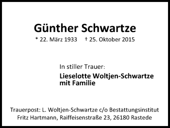 Traueranzeige von Günther Schwartze von Nordwest-Zeitung