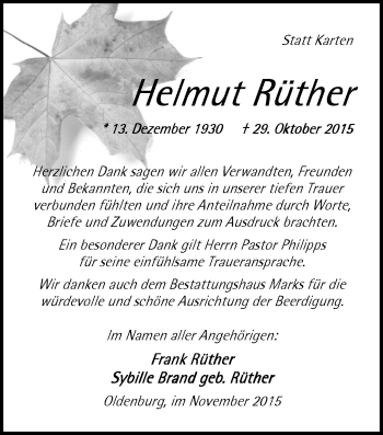 Traueranzeige von Helmut Rüther von Nordwest-Zeitung