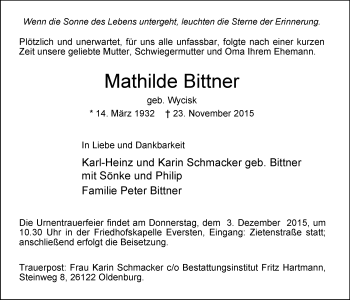 Traueranzeige von Mathilde Bittner von Nordwest-Zeitung