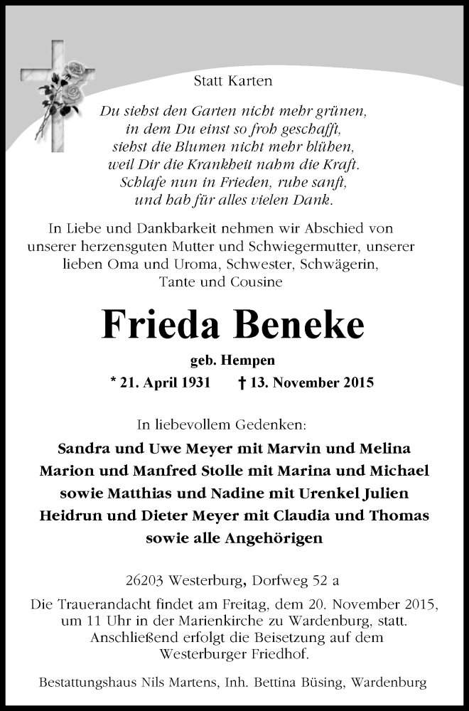  Traueranzeige für Frieda Beneke vom 17.11.2015 aus Nordwest-Zeitung