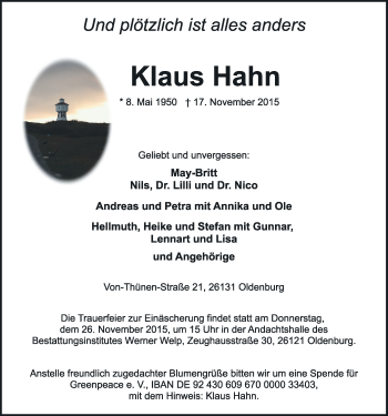 Traueranzeige von Klaus Hahn von Nordwest-Zeitung