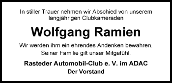 Traueranzeige von Wolfgang Ramien von Nordwest-Zeitung