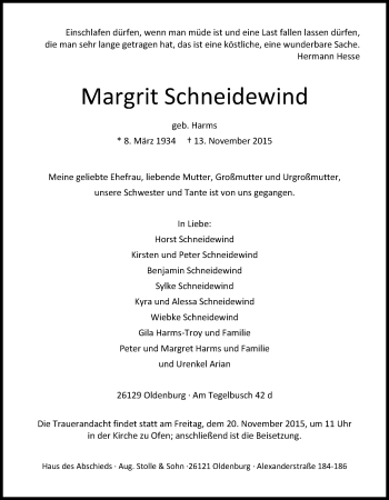 Traueranzeige von Margrit Schneidewind von Nordwest-Zeitung