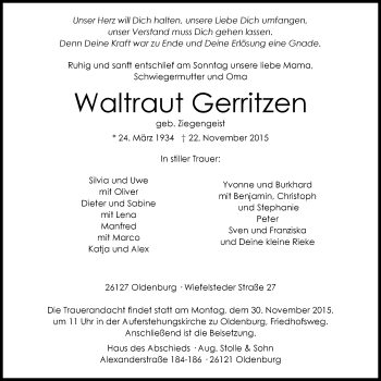 Traueranzeige von Waltraut Gerritzen von Nordwest-Zeitung