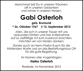 Traueranzeige von Gabriele (Gabi) Osterloh von Nordwest-Zeitung