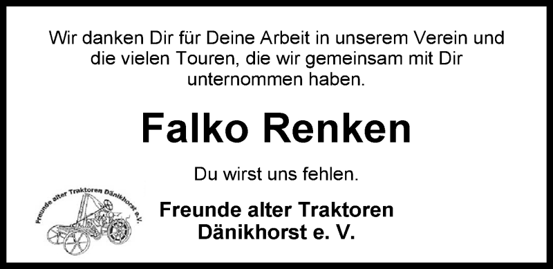  Traueranzeige für Falko Renken vom 10.11.2015 aus Nordwest-Zeitung