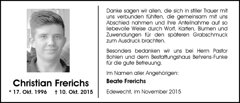  Traueranzeige für Christian Frerichs vom 23.11.2015 aus Nordwest-Zeitung