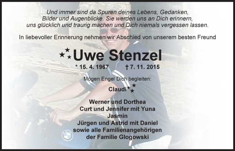  Traueranzeige für Uwe Stenzel vom 11.11.2015 aus Nordwest-Zeitung