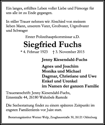 Traueranzeige von Siegfried Fuchs von Nordwest-Zeitung