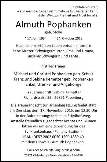 Traueranzeige von Almuth Pophanken von Nordwest-Zeitung