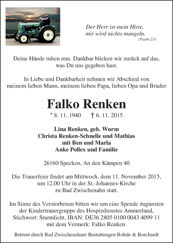 Traueranzeige von Falko Renken von Nordwest-Zeitung